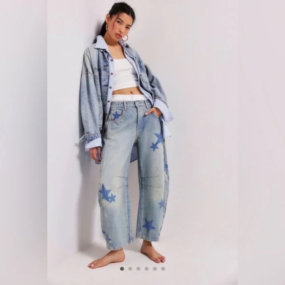 Free People Light Blue Star Print Boyfriend Jeans